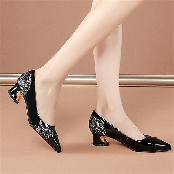 Patent Women's Heels Block Leather Faux Glitter-Accented FashionChic