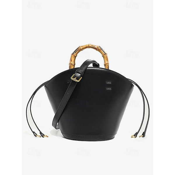 Brown Bamboo Leather Bucket Bag Handle with Women's FashionChic