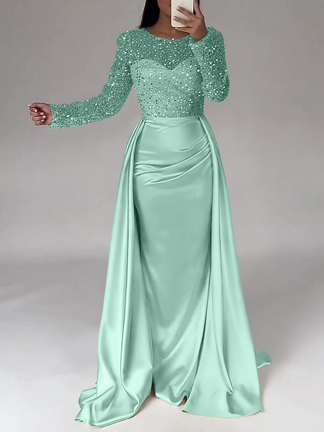 RuchedSatin Dress Sleeves Mermaid Gown Evening Sequin Long FashionChic