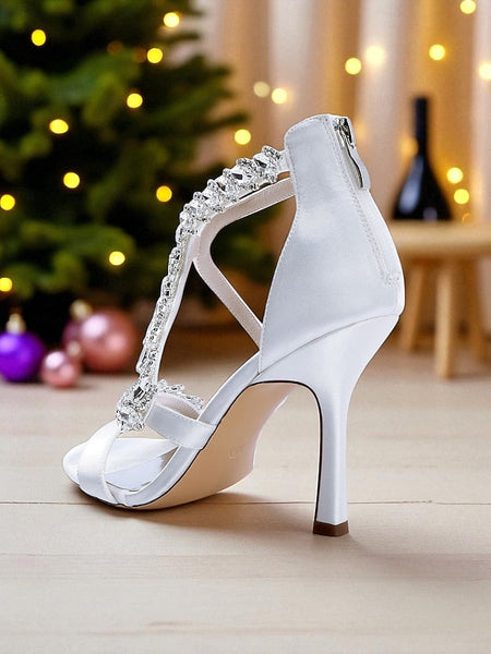 Women's Heel Sandals High White - Strappy Rhinestone FashionChic