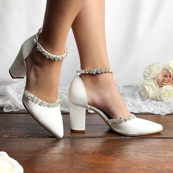 Toe Pointed – White Block Wedding Heel Shoes with Women's FashionChic