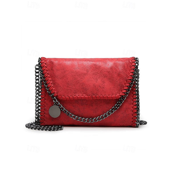 Leather Faux Bag with Chain Red Whipstitch Shoulder Detailing FashionChic