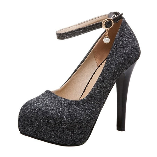 Stiletto Silver Heels Women's Glitter Ankle with Platform FashionChic