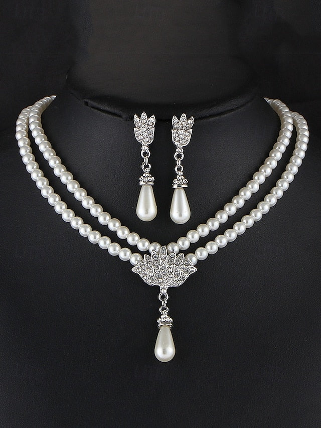 Elegant – Set Pearl Double-Layer Necklace Jewelry Bridal FashionChic