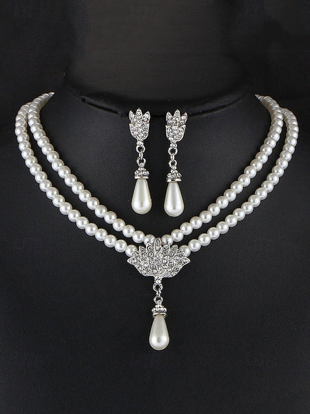 Elegant – Set Pearl Double-Layer Necklace Jewelry Bridal FashionChic