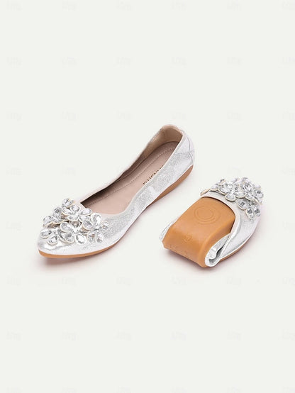 Rhinestone Flats Women's Foldable with Silver FashionChic