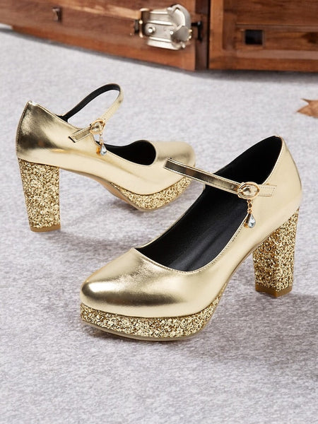 Heel Gold Sparkly Glitter Mary Block Pumps – Jane Women's FashionChic