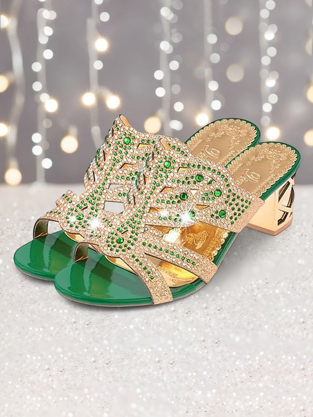 Embellished Green - Gold Rhinestone Sandals and Heeled FashionChic