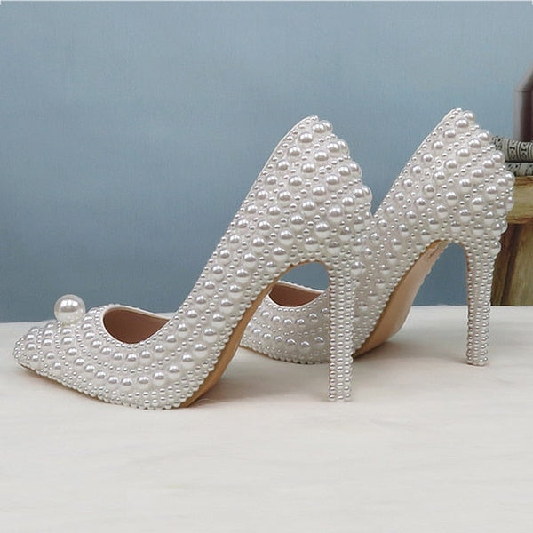 Pearl-Embellished Set Pearl White Stiletto Purse Round and Heels FashionChic