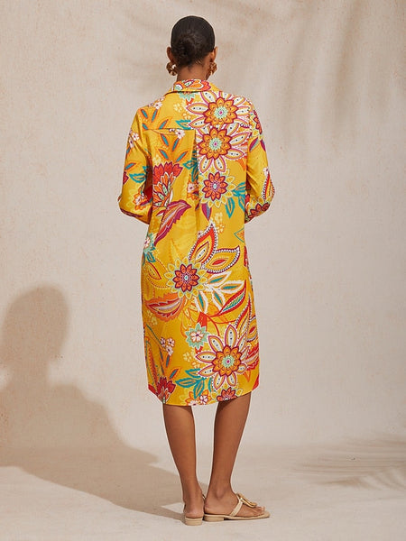 Vacation Yellow Paisley Print Straight Fit Satin Shirt Dress FashionChic