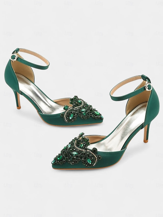 Pointed Women's Satin – Heels Ankle Green Emerald Strap FashionChic