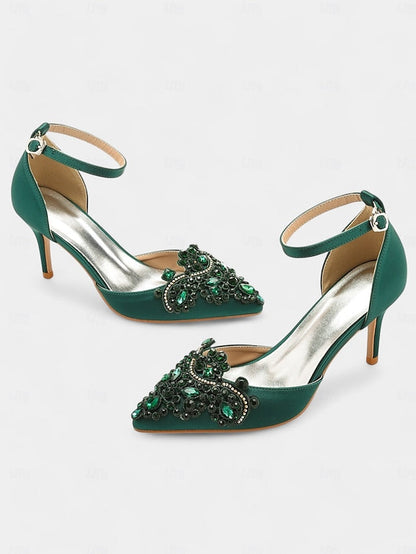 Pointed Women's Satin – Heels Ankle Green Emerald Strap FashionChic