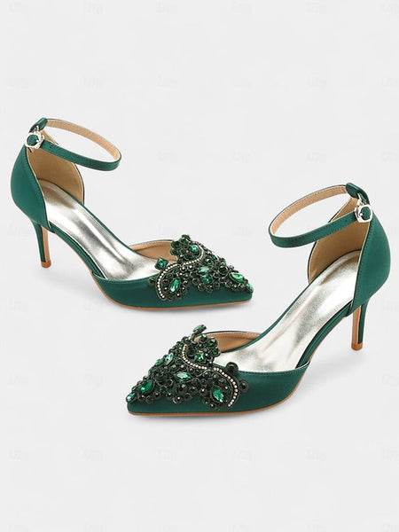 Pointed – Emerald Women's Green Strap Ankle Heels Satin FashionChic