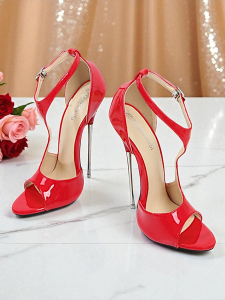 Women's Strappy Red Open Stiletto Heels Leather - Patent FashionChic
