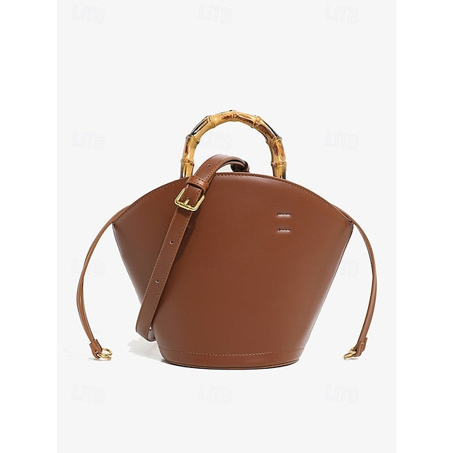 Brown Bamboo Leather Bucket Bag Handle with Women's FashionChic