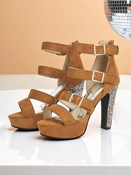 High Heel Platform Women's Suede Glitter Sandals Brown with FashionChic