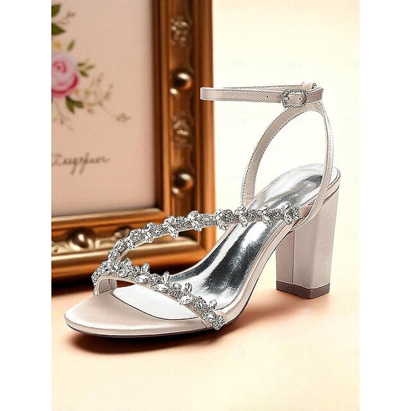 White Women's with Straps Sandals Rhinestone - Block Heel FashionChic