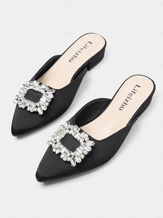 Women's Pointed-Toe Black Mules with Satin Rhinestone FashionChic