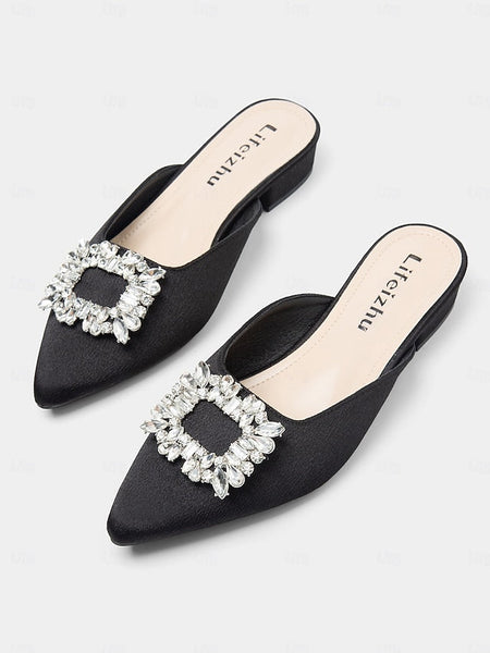Women's Rhinestone Mules with Pointed-Toe Black Satin FashionChic