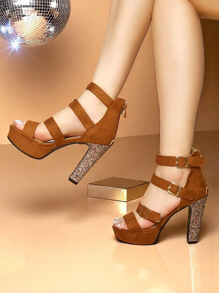 High Heel Platform Women's Suede Glitter Sandals Brown with FashionChic