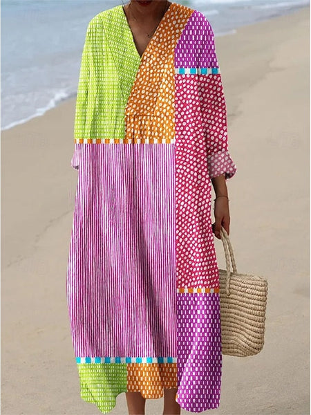 Women's Midi Dress V Neck Long Sleeve Kaftan Lightweight FashionChic
