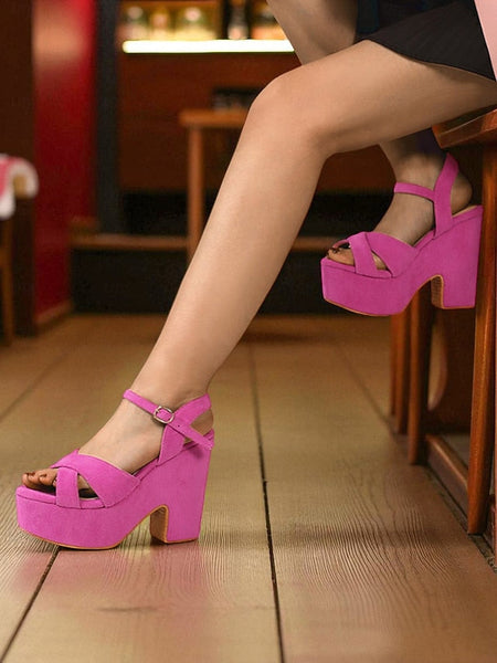 - Hot Pink Suede with Platform Ankle Sandals Strap Women's FashionChic