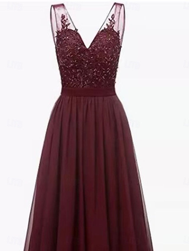 the Neck Dress Simple Floor V Elegant Mother A-Line Bride of FashionChic