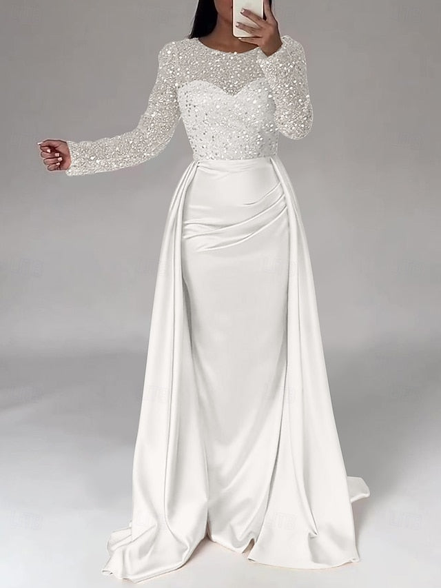 RuchedSatin Dress Sleeves Mermaid Gown Evening Sequin Long FashionChic
