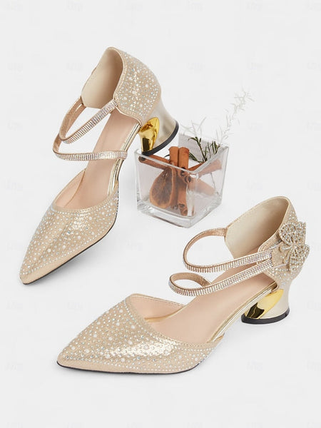 Glitter Rhinestone Low Heel Women's Toe Pointed Ankle Strap FashionChic