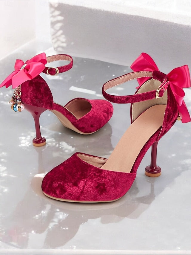 Bow Burgundy Big Velvet Mary and with Women's Heels Jane FashionChic