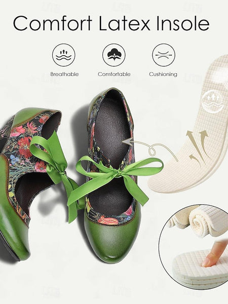 Mary Heels Green with Jane Women's Print Leather Floral FashionChic