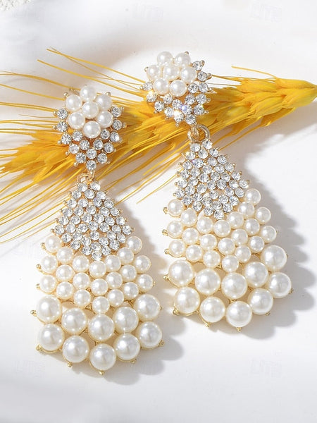 – Vintage Faux Earrings Elegant Drop Pearl and Rhinestone FashionChic
