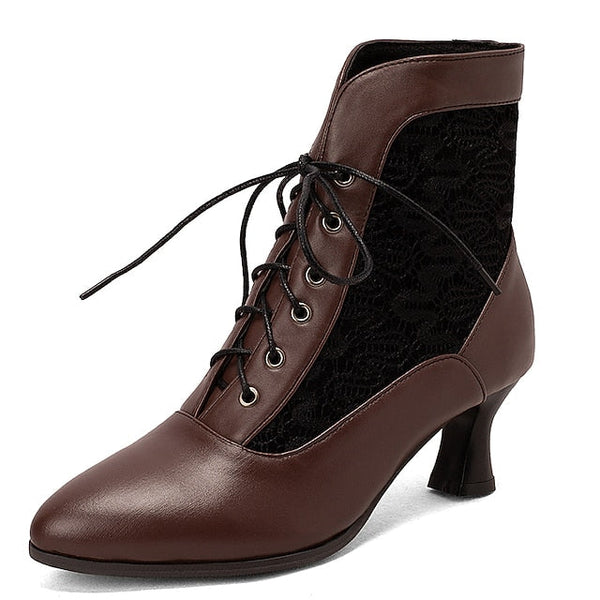 White Ankle Lace-Up Embroidered with Boots Women's Panels FashionChic
