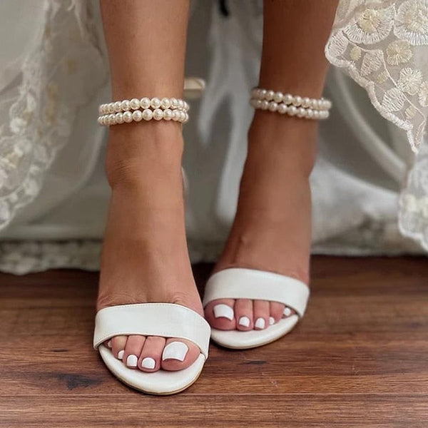 Heels Wedding Pearl Anklet Satin and Block Sandals - White with FashionChic