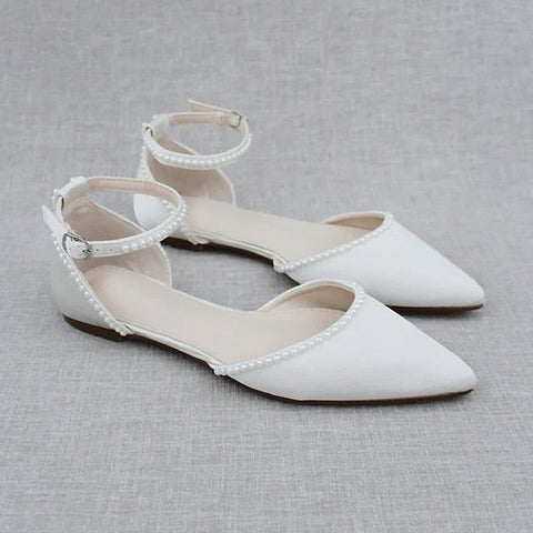 Women's White Pearl-Embellished Shoes with Flat Toe Pointed FashionChic