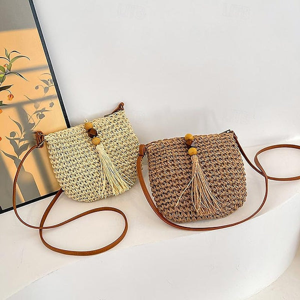Tassel Women's Bag Woven Boho Handbag – Straw Crossbody FashionChic