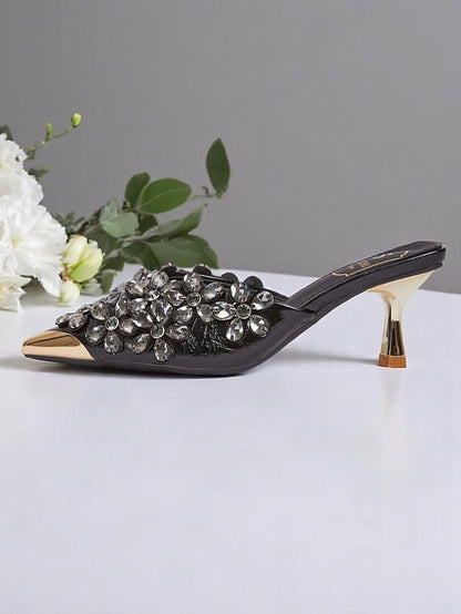 – Mules Black Rhinestone Pointed-Toe Embellished Women's FashionChic