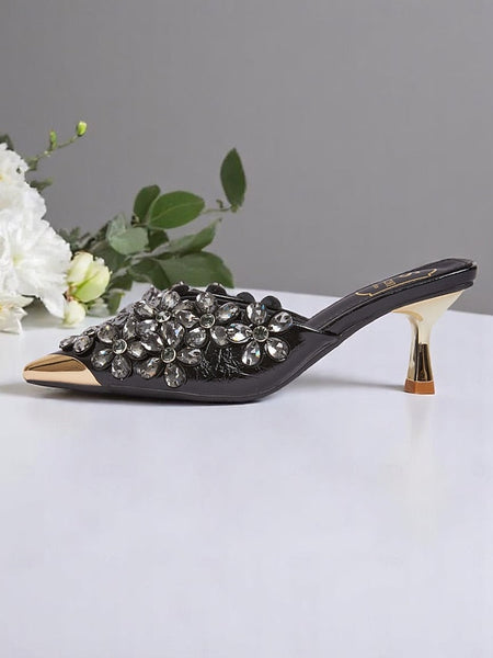 – Mules Black Rhinestone Pointed-Toe Embellished Women's FashionChic