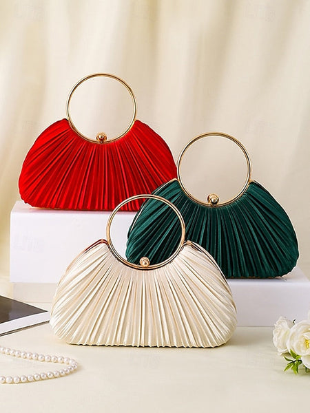 Handle Clutch - with Pleated Elegant Gold Ring Velvet Green FashionChic