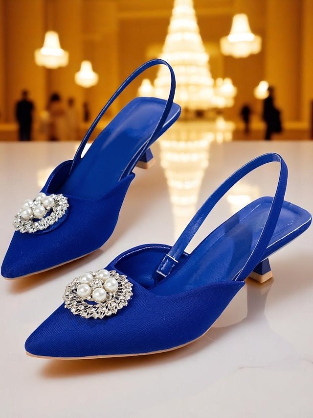 Pumps Satin with and Blue Women's Pearl Slingback FashionChic
