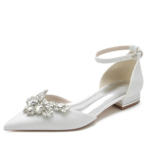 Satin Women's White – Rhinestone Floral Design Flats with FashionChic