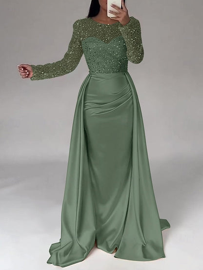 RuchedSatin Dress Sleeves Mermaid Gown Evening Sequin Long FashionChic