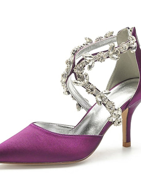 Heels Elegant Women's Satin White Crystal – Strap Pointed FashionChic