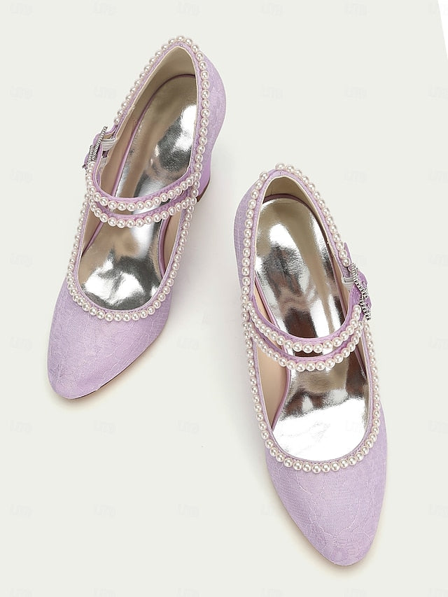 Heels Embellished Purple Mary Pearl Women's Jane - Lace FashionChic
