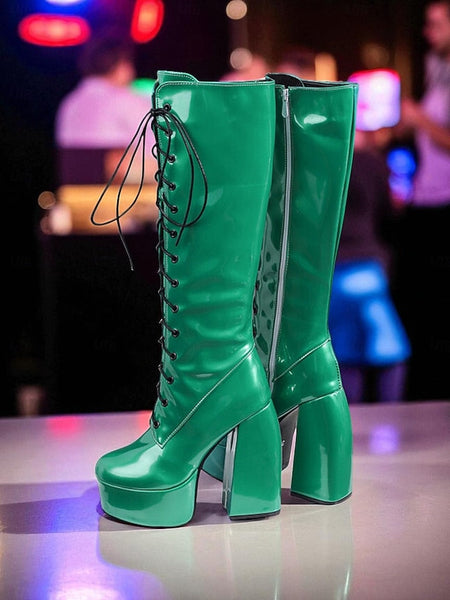 Platform Silver High Metallic Boots - Women's Lace-Up Knee FashionChic