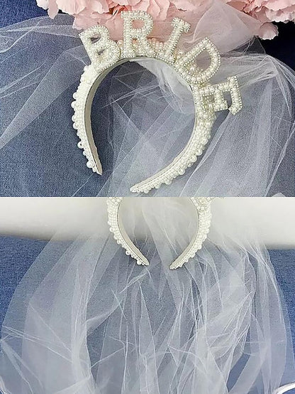 – with Pearl-Embellished Headband Veil 'BRIDE' FashionChic