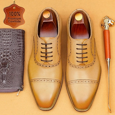 Leather Light Shoes Genuine Wingtip Oxford with Men's Brown FashionChic