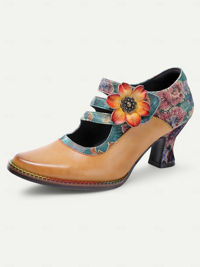 Floral Women's Leather Mary – Jane Vintage Heels 1930s FashionChic