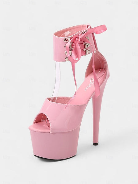 Lace-Up Sandals Ankle Straps Black with Leather Platform Patent FashionChic