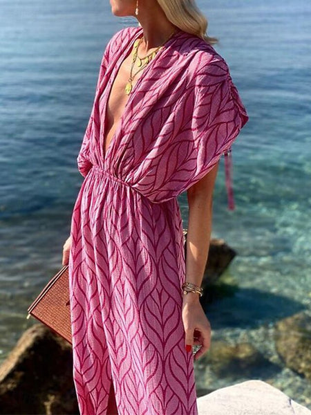 Women's Geometric V Neck Maxi Dress Half Sleeve Summer